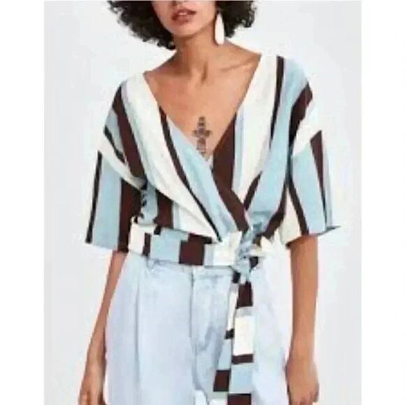 Zara Women's Blue/Cream/Brown Striped Cotton Poly Wrap Shirt - Picture 2 of 12